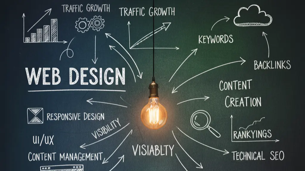 Contacto Agencia Digital. Diagrama de conceptos clave de Diseño Web y Estrategia SEO: Keywords, Backlinks, Content Creation, Responsive Design y Technical SEO.