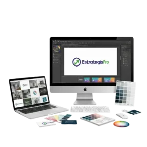 Presentación de opciones de Diseño de Logotipos profesionales de Estrategias Pro en monitor iMac, usando Adobe Photoshop y muestras impresas.