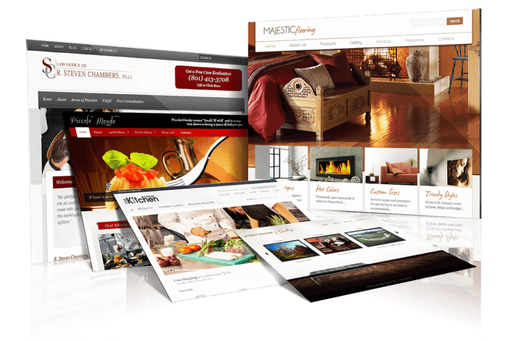 Composición de diseños de sitios web profesionales: bufete de abogados, e-commerce de suelos y restaurante, enfocados en diseño responsive y UX.