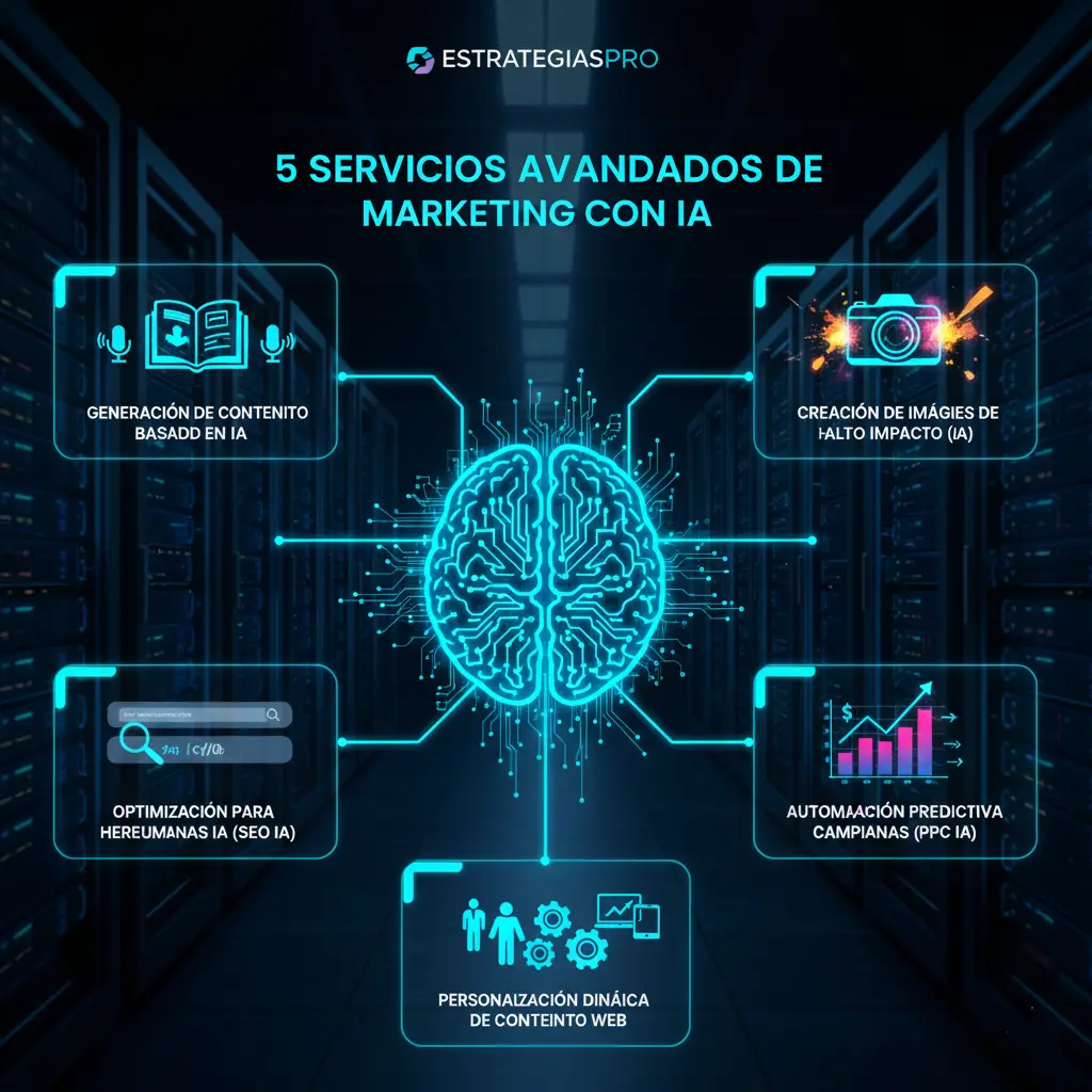 Dashboard de Estrategiaspro mostrando 5 servicios de marketing digital con IA: generación de contenido y imágenes, optimización SEO IA, campañas predictivas PPC y personalización web.