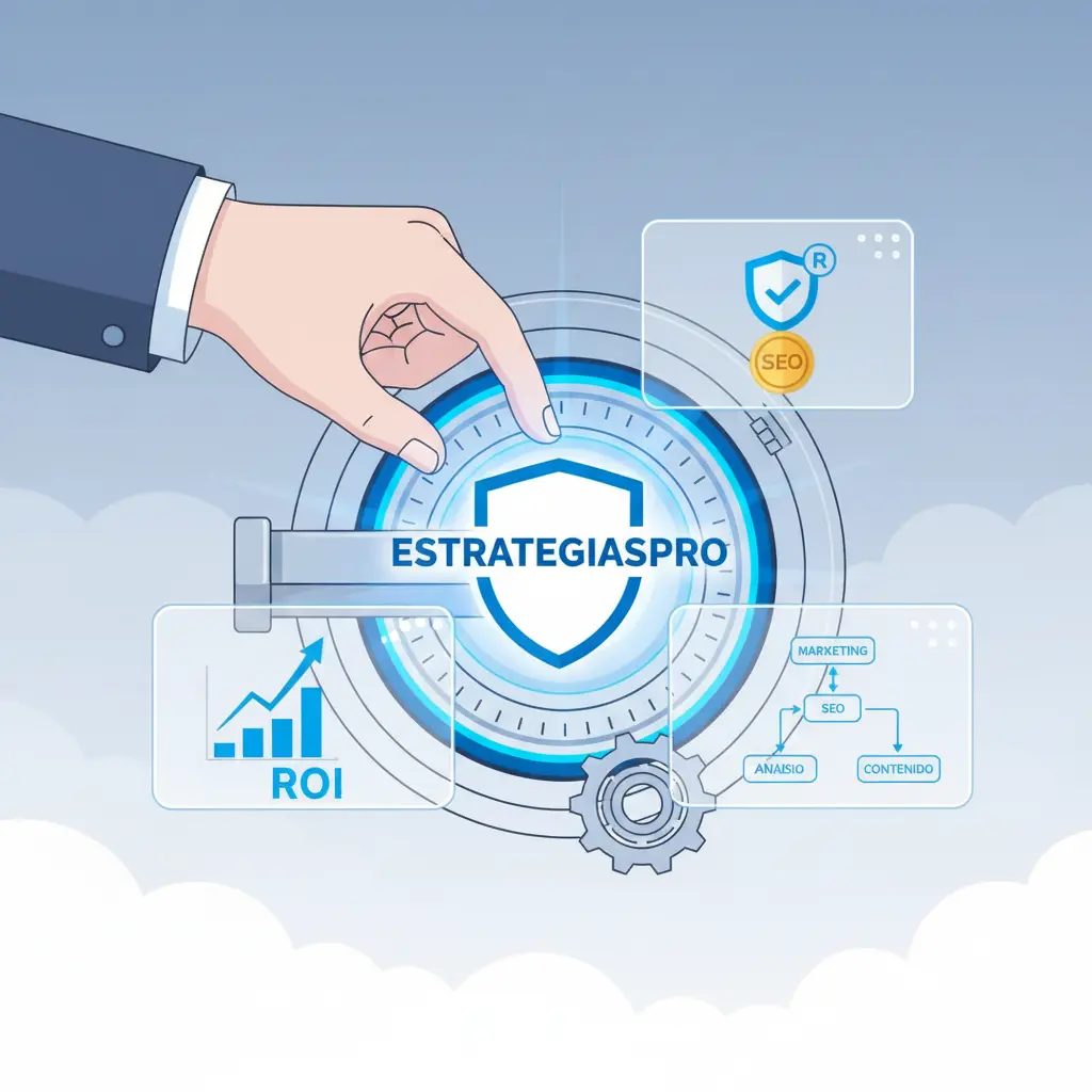Mano activando un mecanismo de Estrategiaspro que genera gráficos de ROI, SEO certificado y una estrategia integral de Marketing."