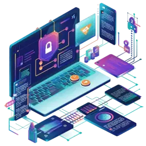 Ilustración isométrica de ciberseguridad con una laptop mostrando un ícono de candado en la pantalla, rodeada de elementos de una red de datos segura.