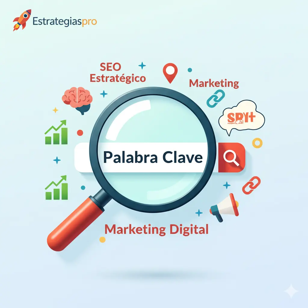 "Lupa enfocada en la búsqueda de Palabra Clave, representando la investigación estratégica de SEO y Marketing Digital de Estrategiaspro."