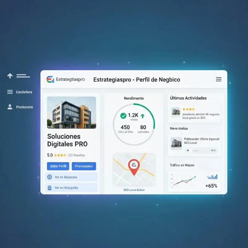 Panel de Google Business Profile (GBP) de Estrategiaspro mostrando la optimización del perfil de negocio y gestión de reseñas."