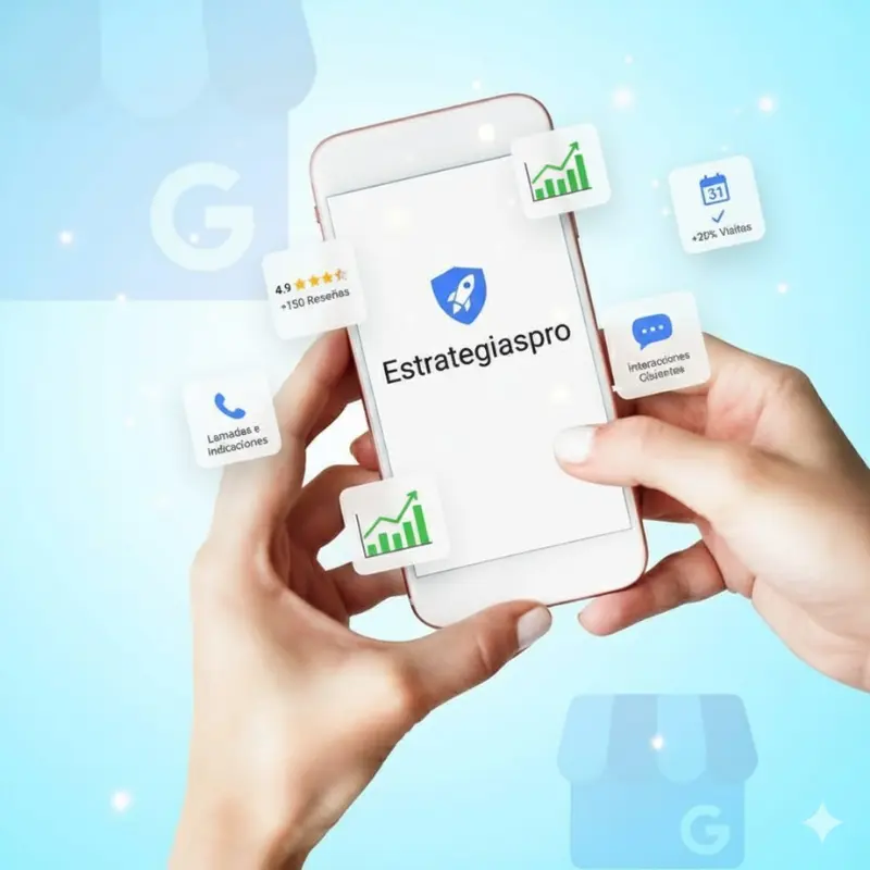 Móvil mostrando estadísticas y beneficios de Google Business Profile con branding Estrategiaspro: llamadas, visitas y reseñas."