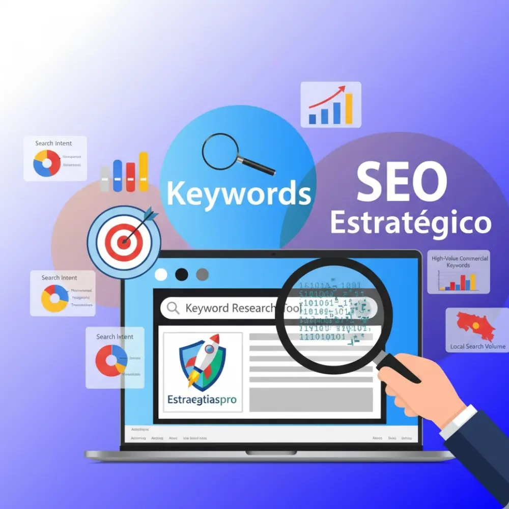 Laptop mostrando gráficos SEO, lupa y palabras clave; Estrategiaspro realiza investigación estratégica de alto valor comercial."