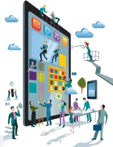 Ilustración de un equipo de personas trabajando en el rediseño de una aplicación móvil sobre un smartphone gigante.